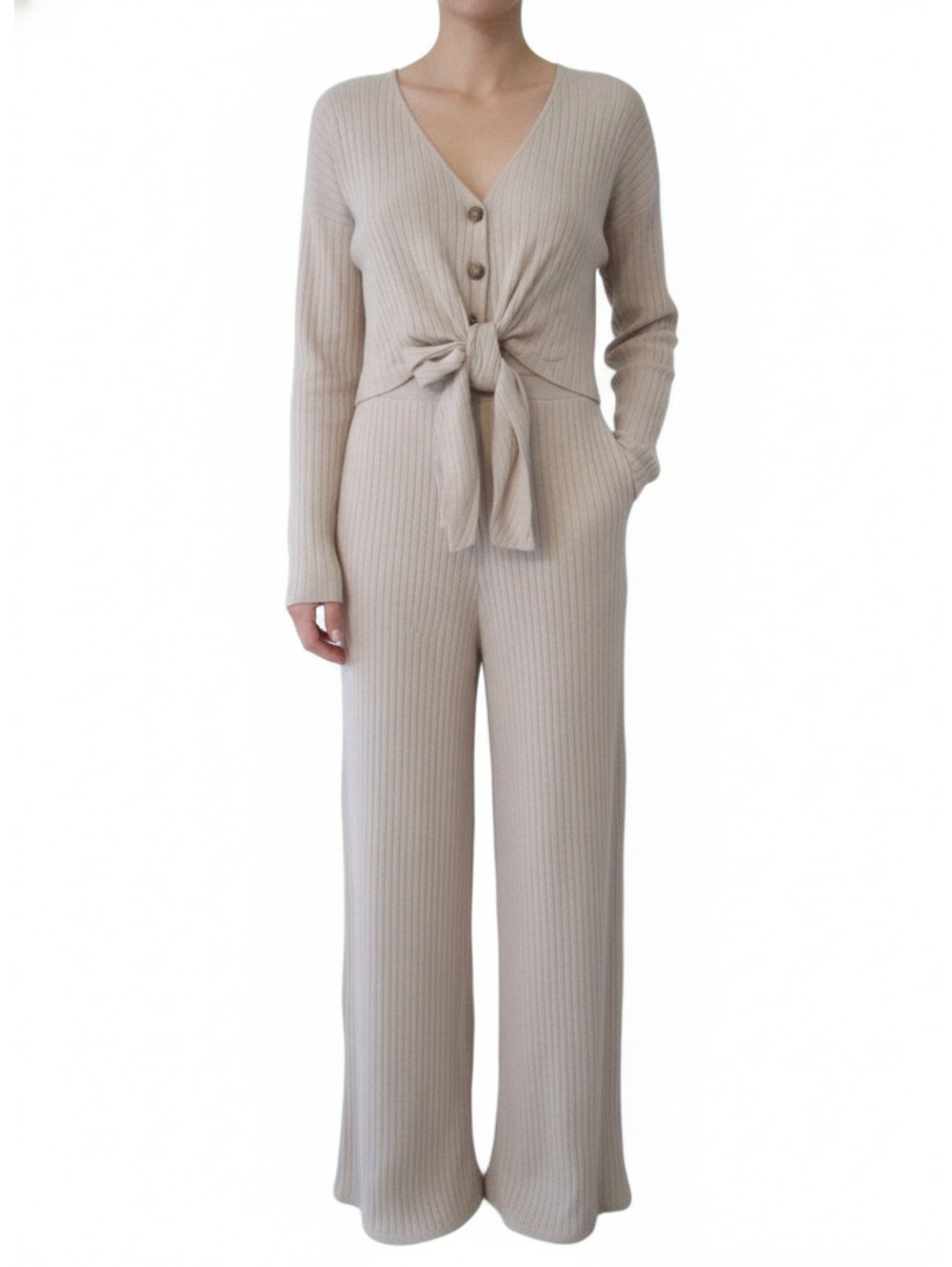 Lucy Paris Beige Ribbed Knit Long Sleeve Jumpsuit Tie Waist Large